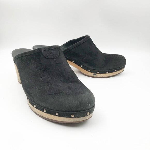 UGG Abbie Black Suede Leather Slip On Block Heel Studded Clogs Womens 10 - Picture 1 of 14